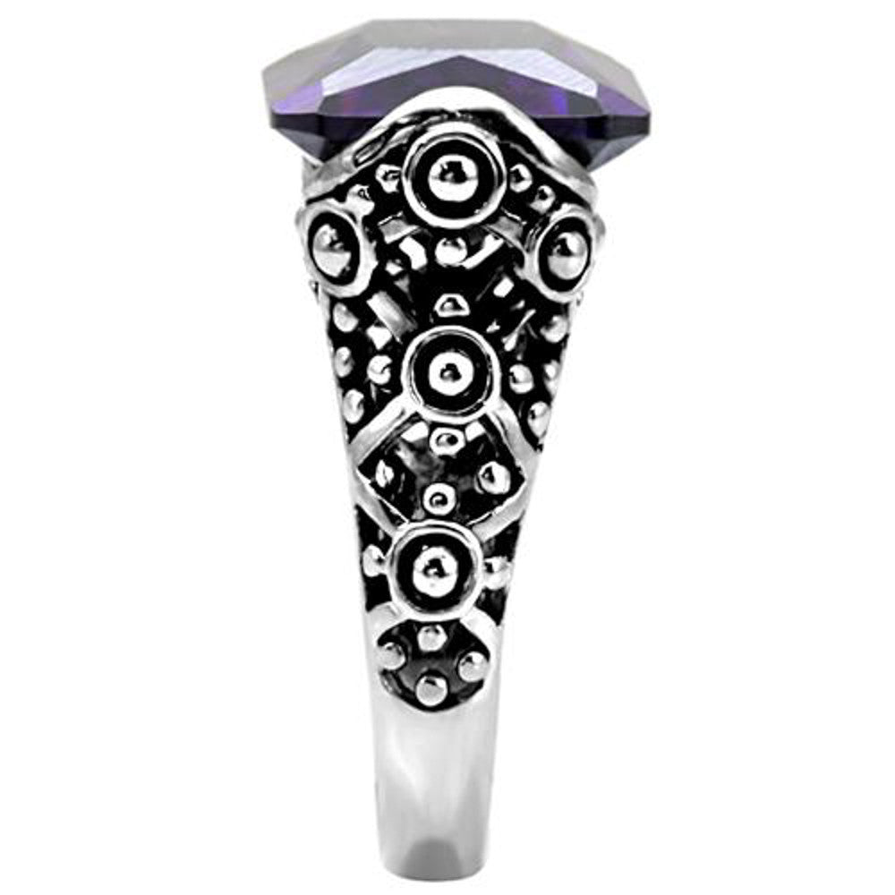 ARTK015 Stainless Steel 28 Ct Emerald Cut Amethyst CZ Antique Celtic Style Ring Sz 5-10